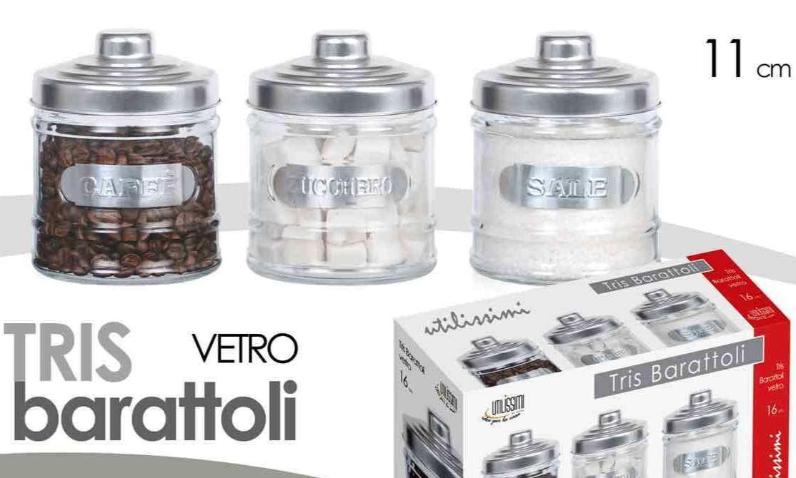 Barattoli Sale Zucchero Caffè Tris 3 Contenitori Vetro Barattolo 300 ML 11 cm