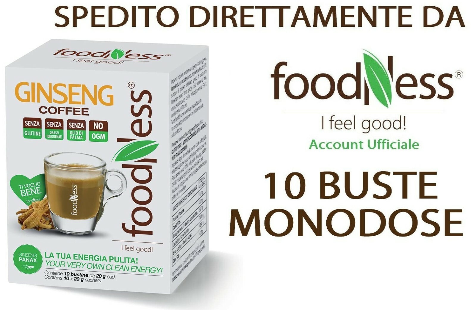 FOODNESS 10 Bustine Caffè al Ginseng Monodose Preparato Solubile Senza Glutine