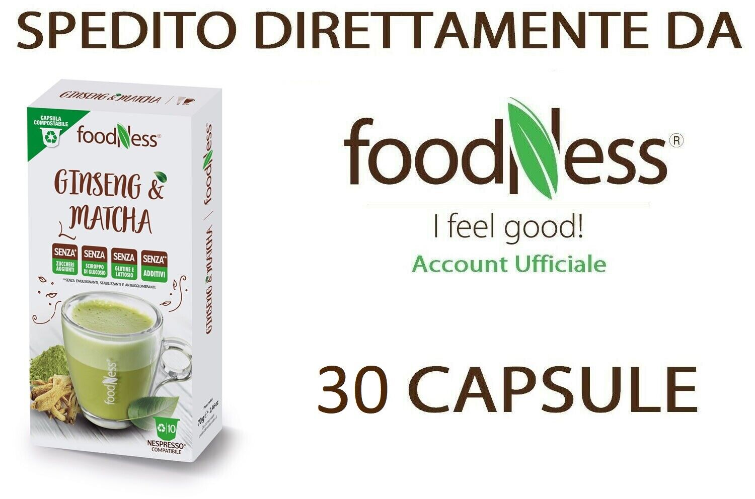 FOODNESS 30 Capsule Caffè Ginseng e Matcha per NESPRESSO Senza Glutine Lattosio
