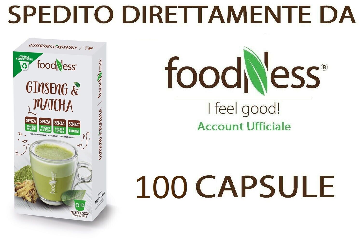 FOODNESS 100 Capsule Caffè Ginseng e Matcha per NESPRESSO Senza Glutine Lattosio