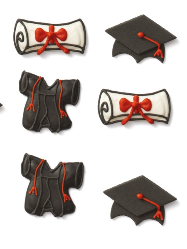 DECORAZIONI IN ZUCCHERO LAUREA PERGAMENA CAPPELLO E ABITO 6 PZ