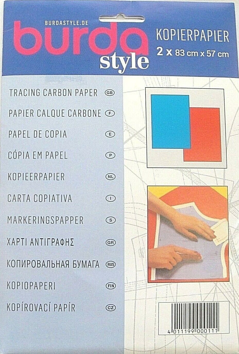 CARTA COPIATIVA "BURDA" 2 FOGLI ( ROSSO-BLU  ) CM.83 X 57 PER TESSUTI