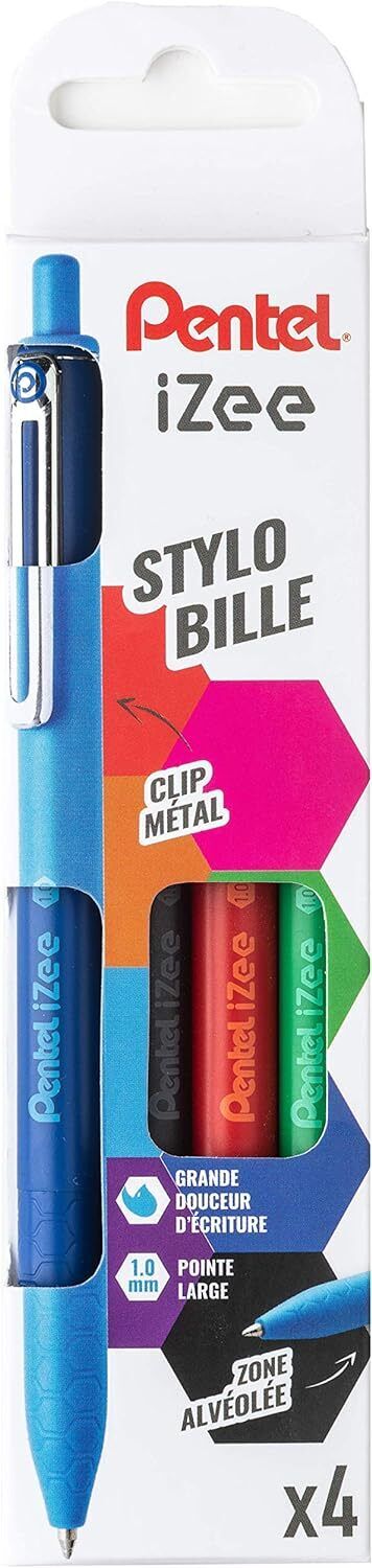 Pentel iZee Pack de 4 Boligrafos de Bola Retractiles - Punta 0.7mm - Trazo 0.35m