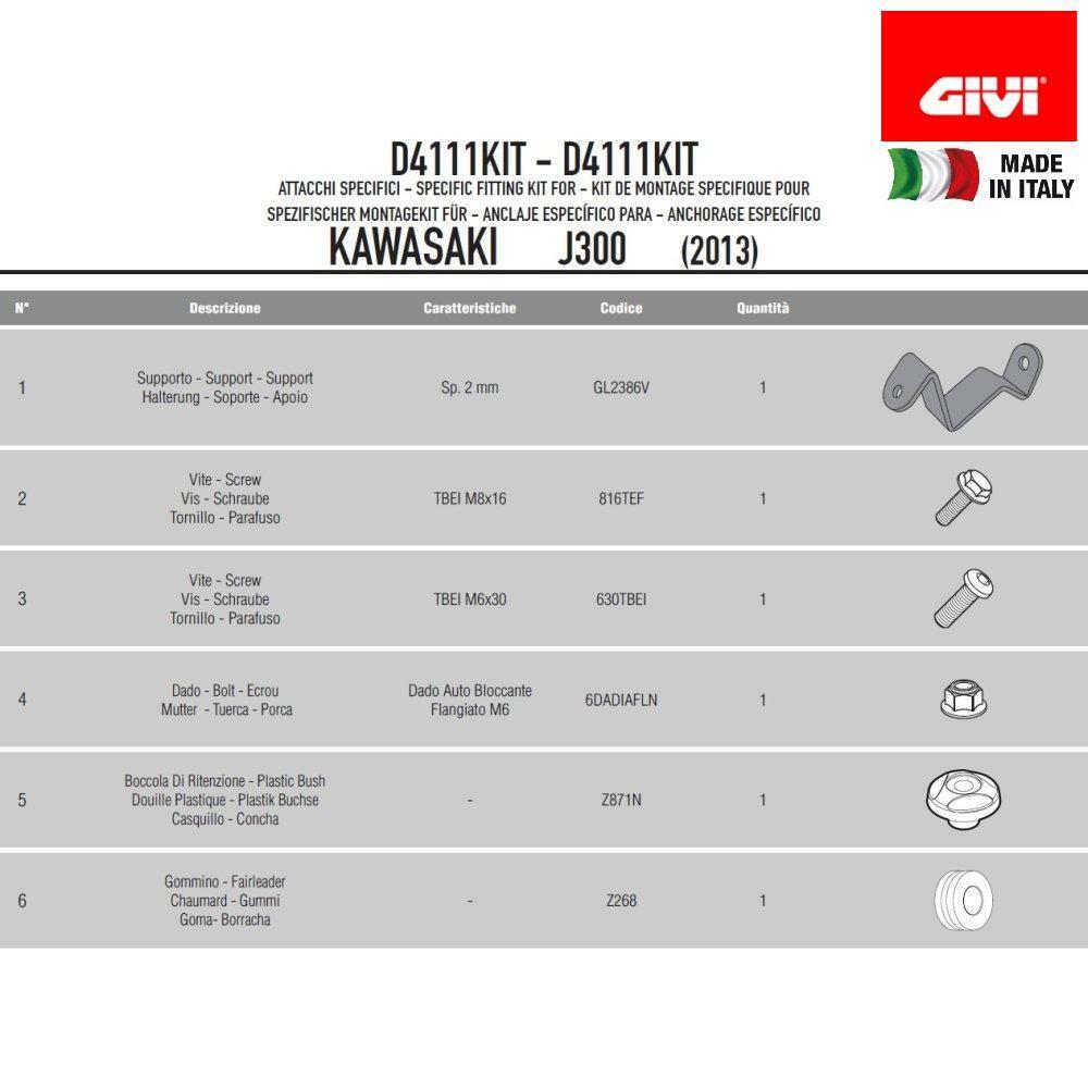 GIVI D4111KIT STAFFE PER PARABREZZA 4111DT KAWASAKI 125 J 2014-2019