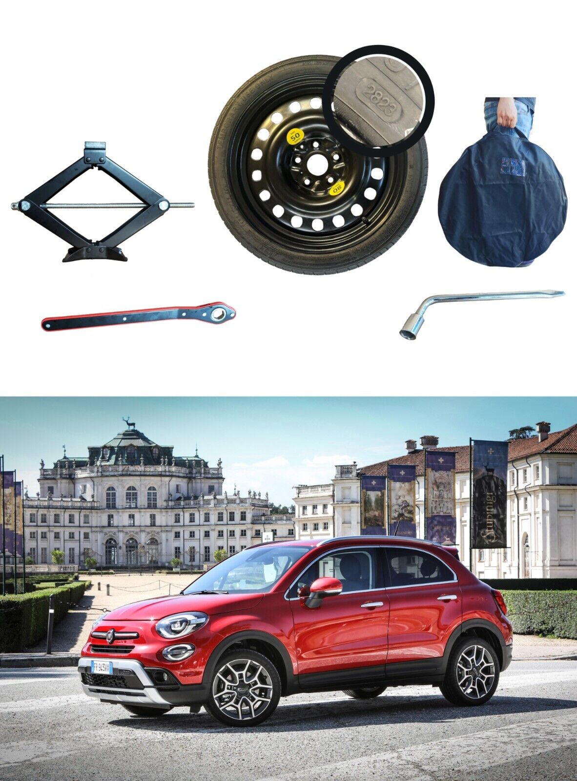 kit roue de secours (galette )17" pour FIAT 500X avec cric cléf et sac