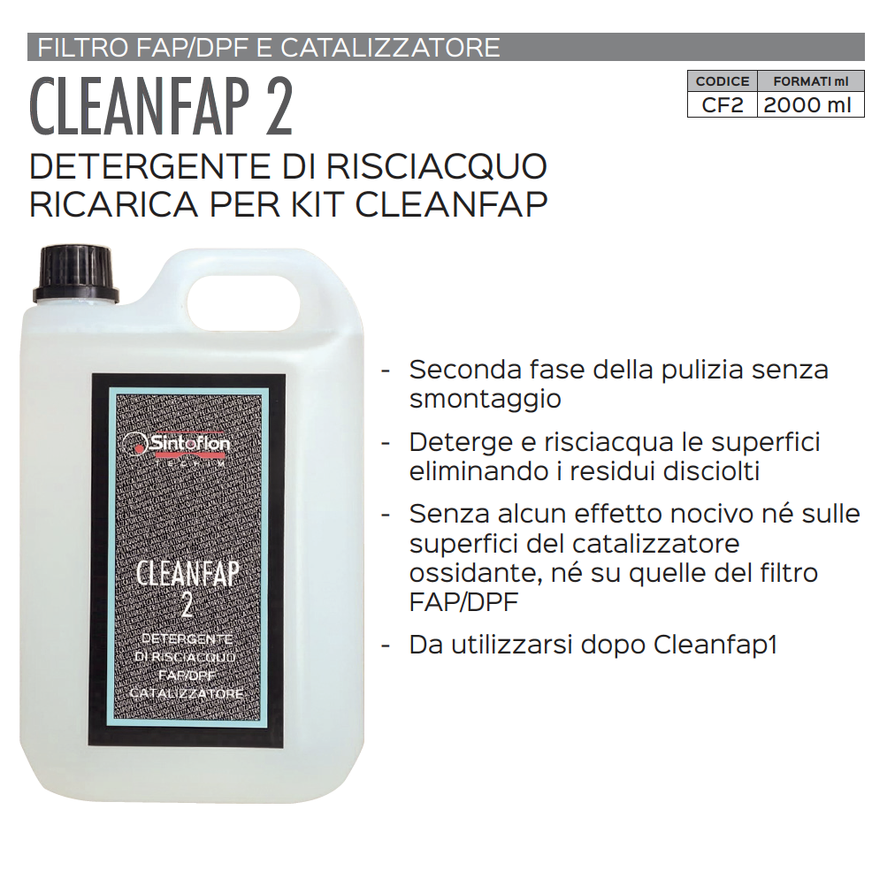 Sintoflon CleanFap2 2000ml. risciacquo x KIT CLEAN FAP pulizia filtro FAP / DPF