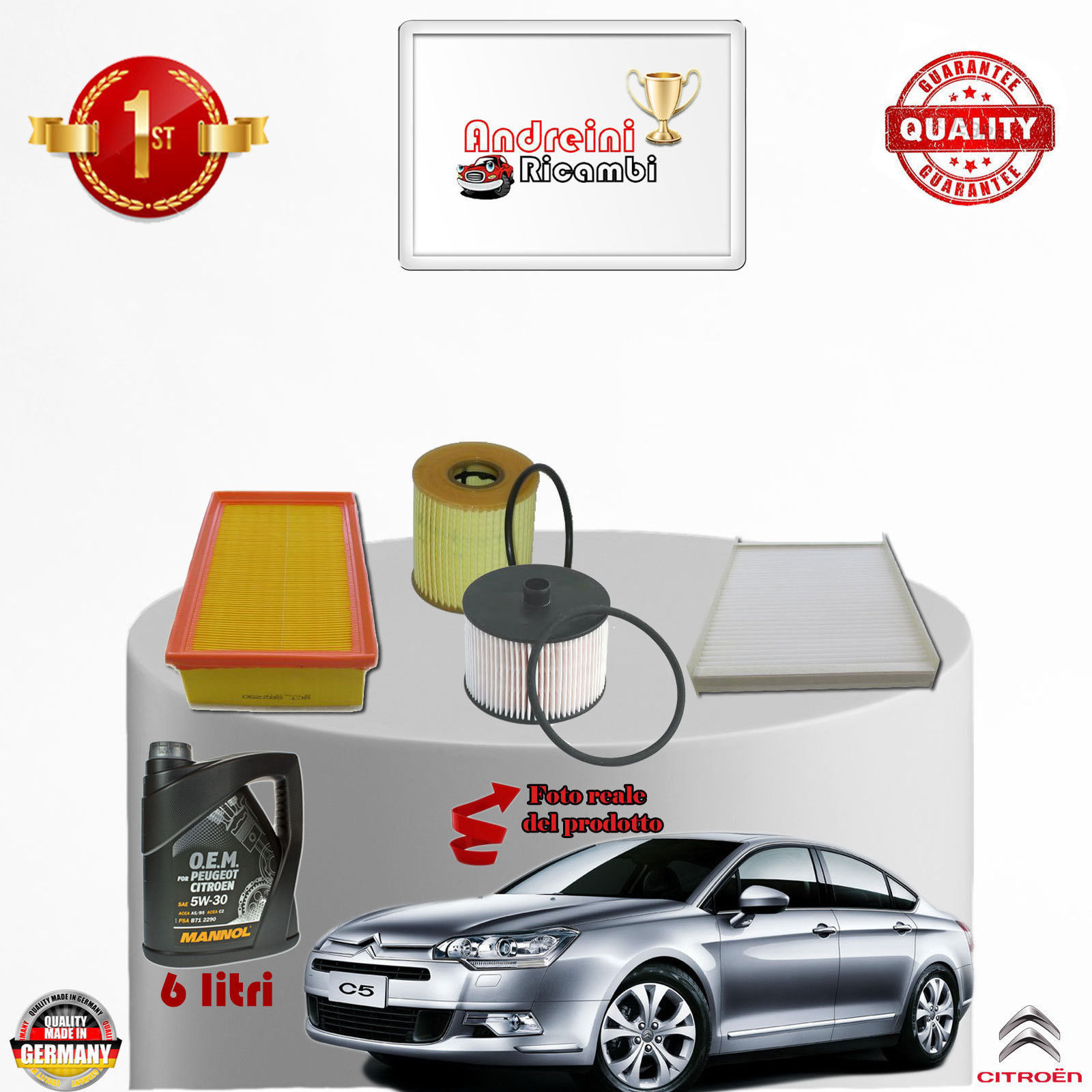 KIT TAGLIANDO FILTRI + OLIO CITROEN C5 II 2.0 HDi140 FAP 103KW 140CV DAL 2009 ->