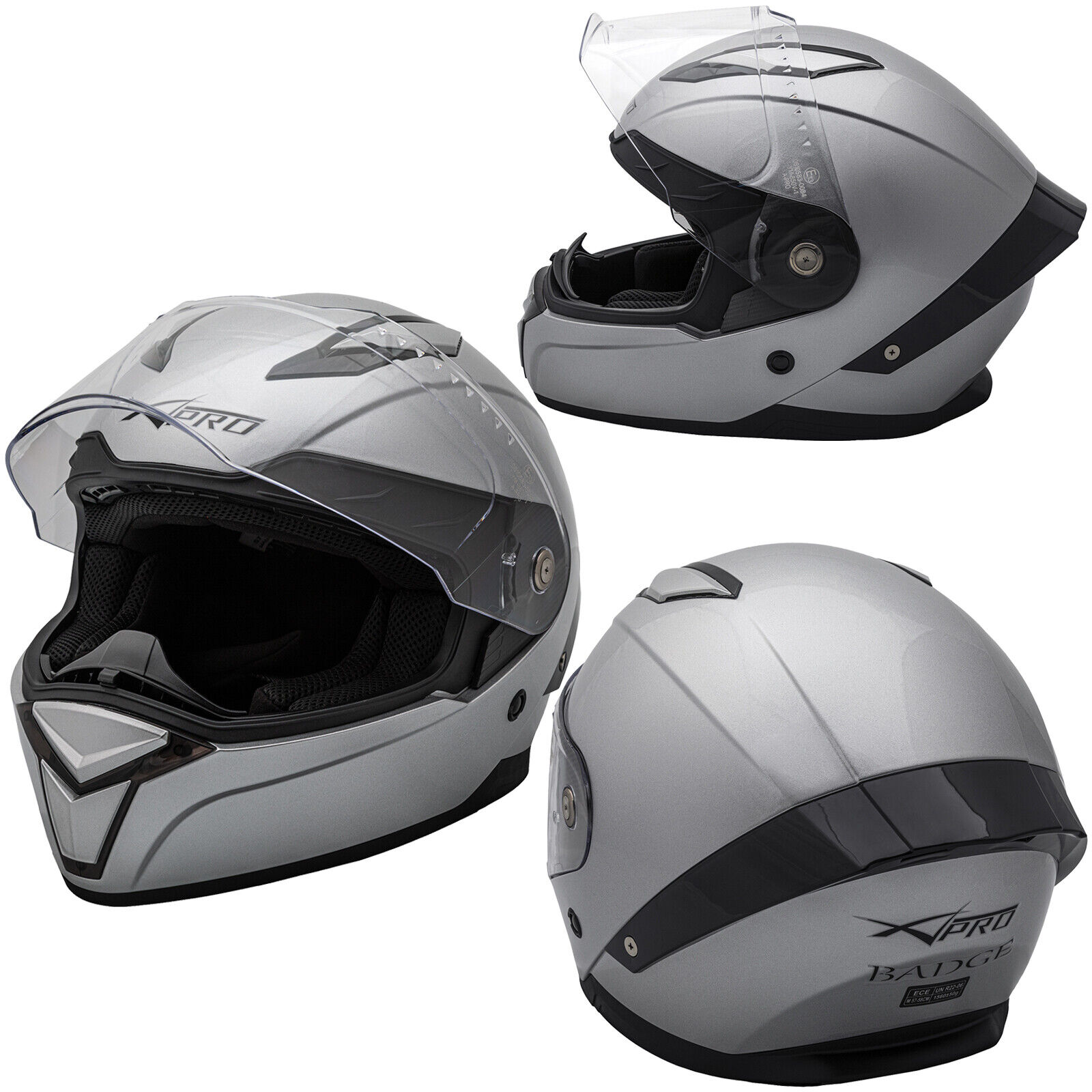 Motorbike Full Face Helmet Sport Scooter Visor Touring Silver XS