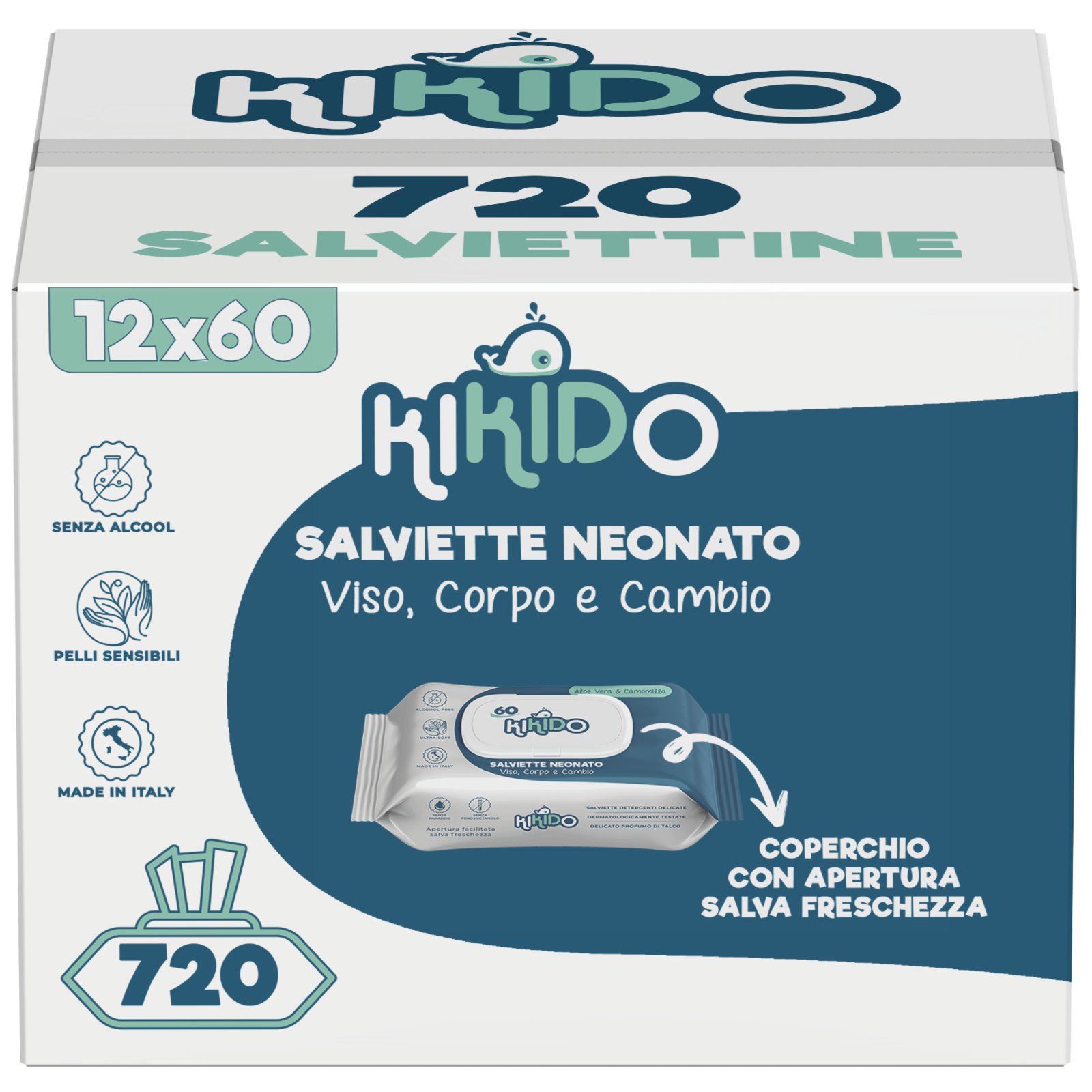 720 Salviette Neonato Kikido - Salviettine Umidificate Bambini - 12 Confezioni