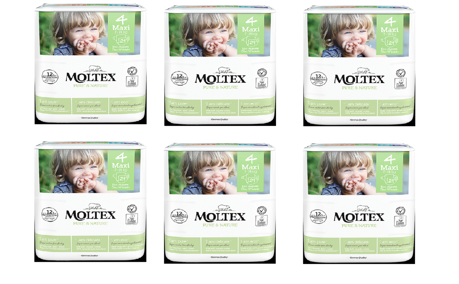 6 PACCHI DI MOLTEX PANNOLINI  MAXI  TG. 4 (7/14 KG) DA 29 PEZZI