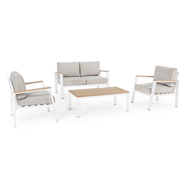 Salotto Da Esterno Alluminio Bianco E Legno Cuscini E Tavolino Belmar Bizzotto