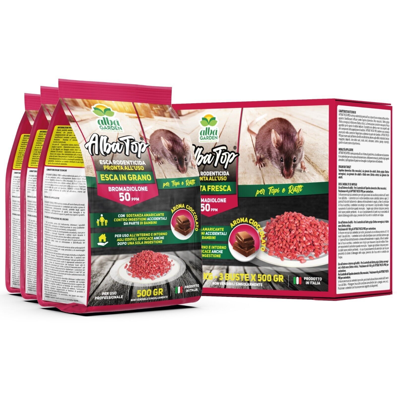 Veleno per Topi Ratti Topicida Ratticida Grano Rosso Bromadiolone 1,5Kg (3x500g)