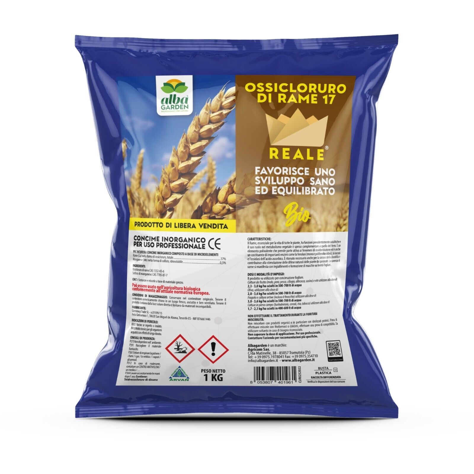 Ossicloruro di Rame 17% Concime Inorganico Biologico Vite Orto Olivo 1 Kg