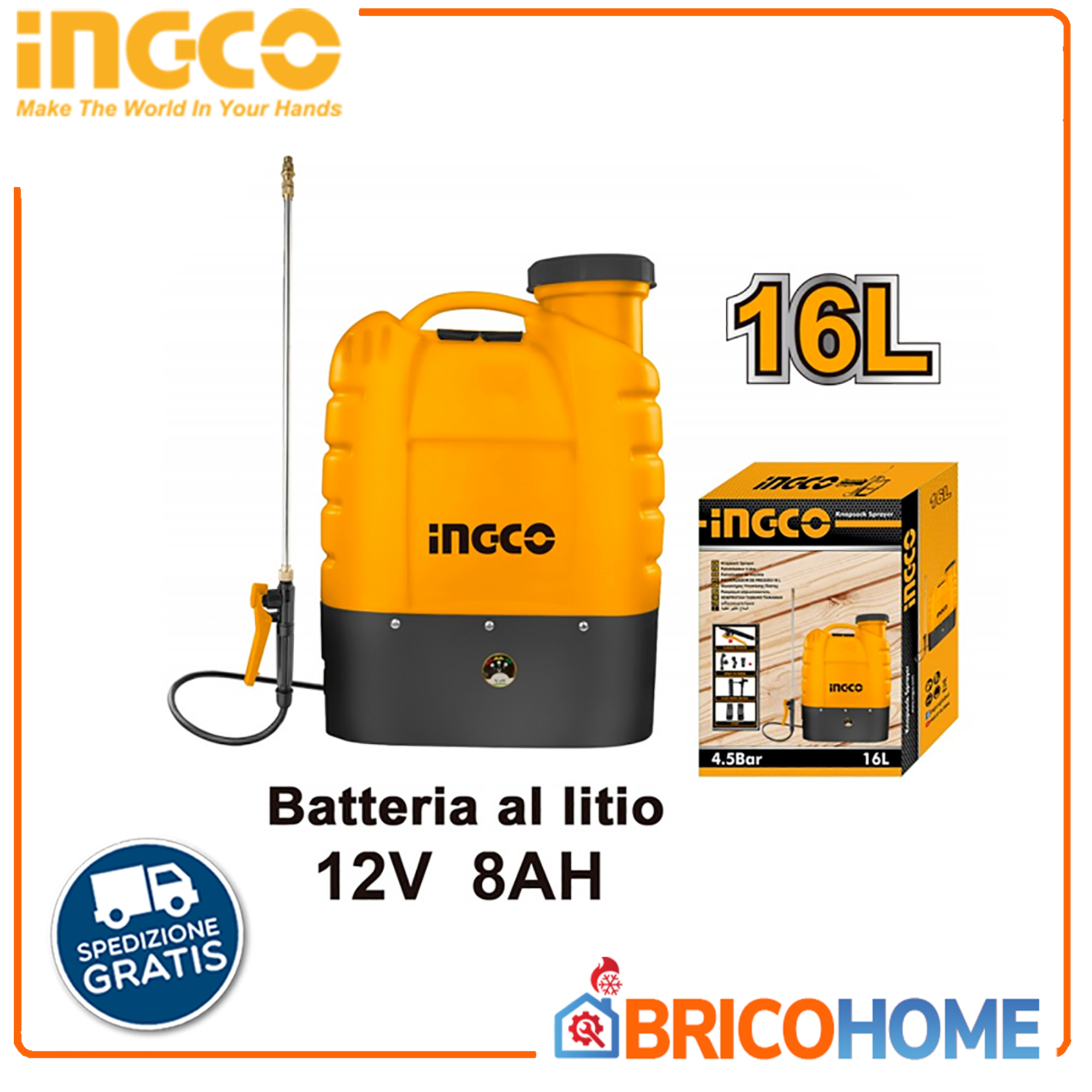 POMPA  IRRORATRICE A SPALLA BATTERIA  AL LITIO INGCO 12V 8AH