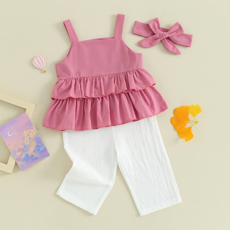 Neonate Vestiti Estivi Senza Maniche Cinturino Serbatoio A Strati Volant Canotta Lino Pantaloni Lunghi Fascia 3 Pezzi Set