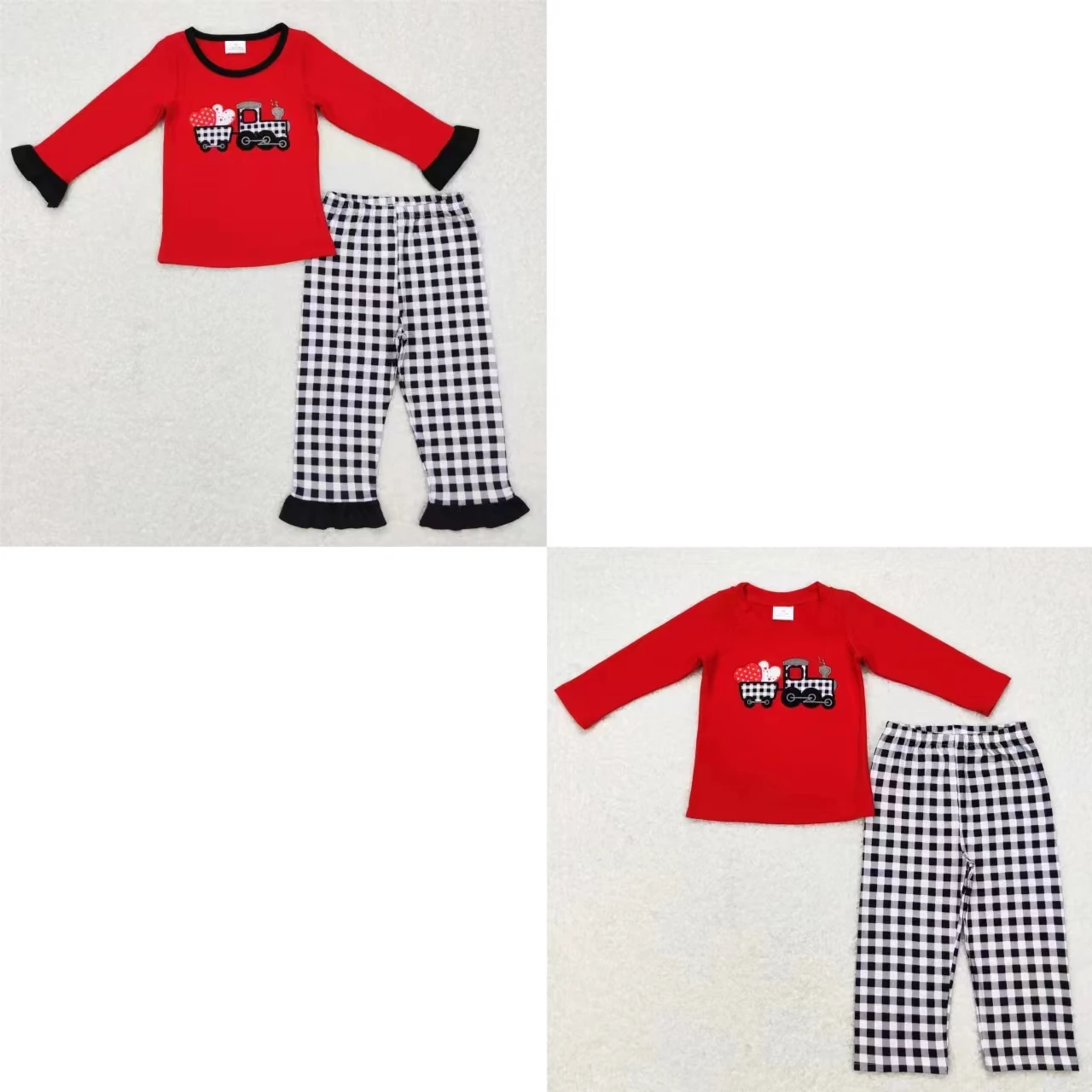 Commercio All'Ingrosso Ragazzo Ragazza Ricamo Cuori Trattore Camicia Di Cotone Bambini Pantaloni Scozzesi Bambini Set Pigiama Bambini Vestito Di San V