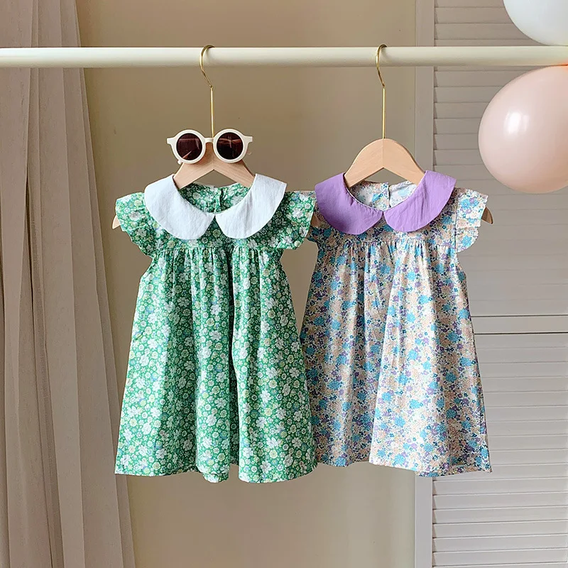 2024 Summer Young Baby Girl Dress Peter Pan Collar Frammento Flower Kid Girl Dress Cotton Contrast Fly Sleeve Bambini Girl Dress