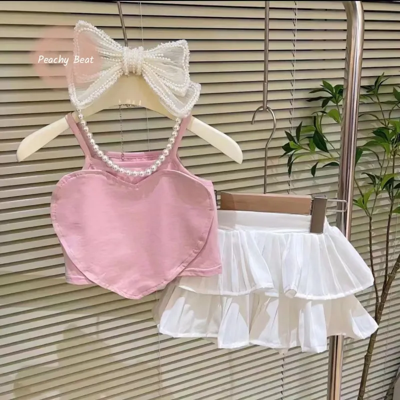 Fashion Baby Girl Princess Clothes Set Halter Top + Short 2Pcs Infant Toddler Child Ruffled Love Clothes Suit Baby Clothes 18M-7Y