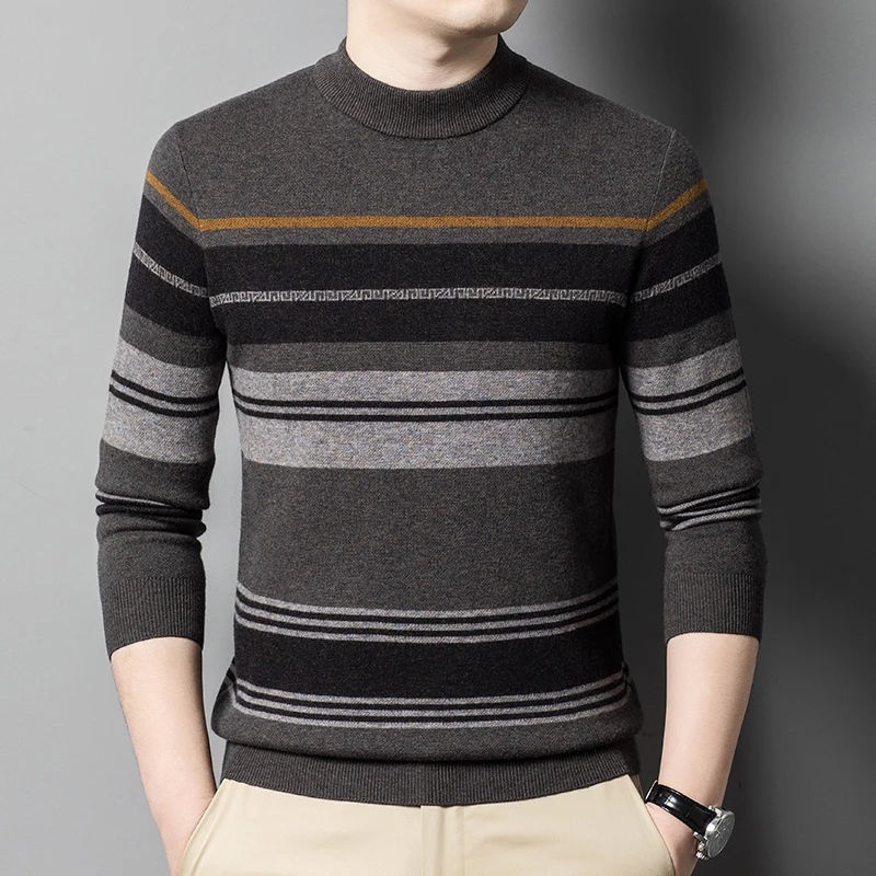 Autunno E Inverno Business Leisure Maglione Di Lana Addensato Per Uomo 100% Lana Di Pecora Girocollo Maglione Fondo Blu Grigio