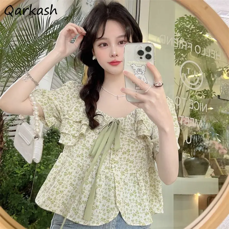 Ruffles Floral Blouses Women Short Sleeve Tender Sweet Summer Tops Harajuku Lovely New Arrival Korean Drawstring Females Leisure
