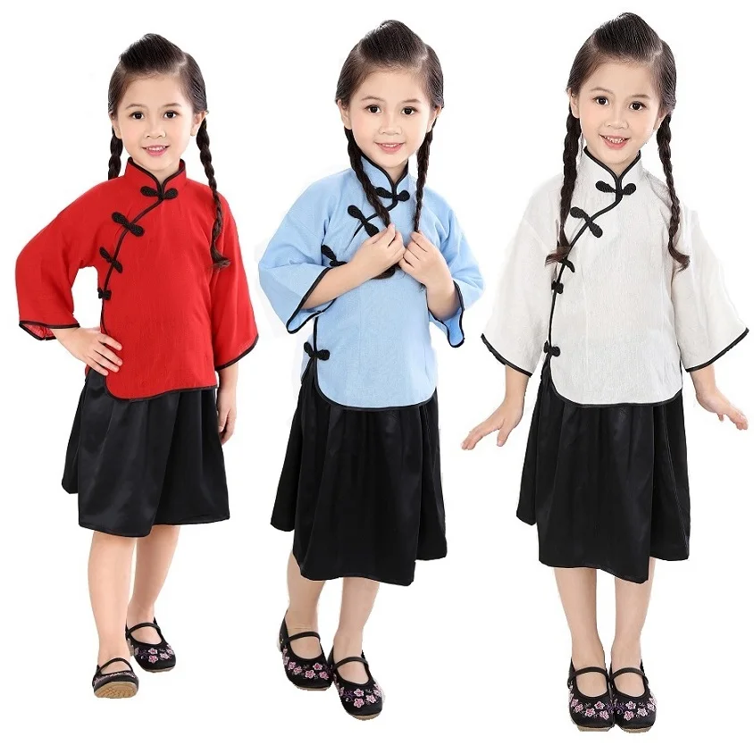 Fashion Baby Girl Scuola Vestiti Di Vestito Cinese Tradizionale Laurea Costumi Bambini Jumper Shirt + Gonne Vestiti Vestito Qipao Set