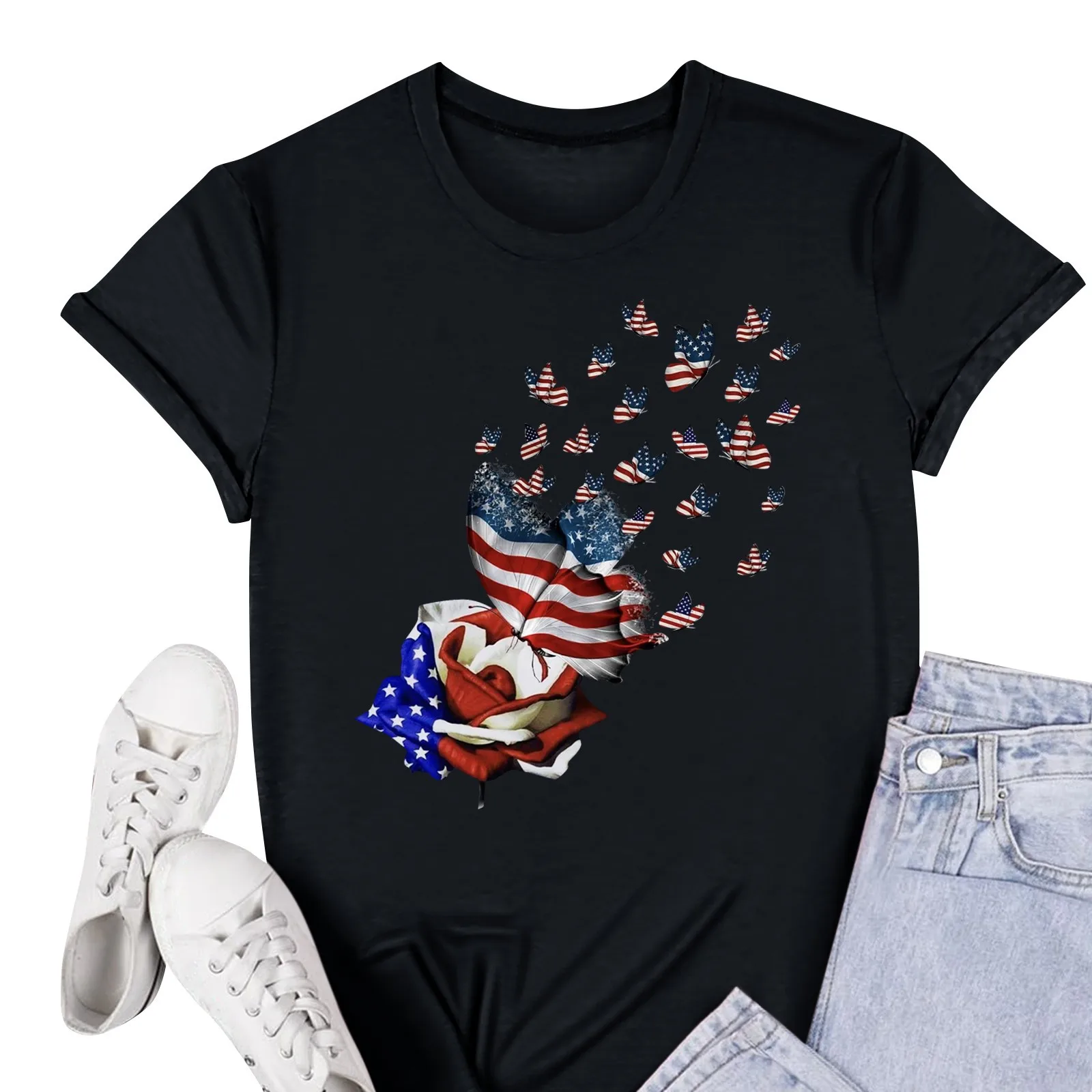 America Flag Graphic Butterfly Print Tee Top Manica Corta Girocollo Casual Top Per Abbigliamento Donna Estate E Primavera