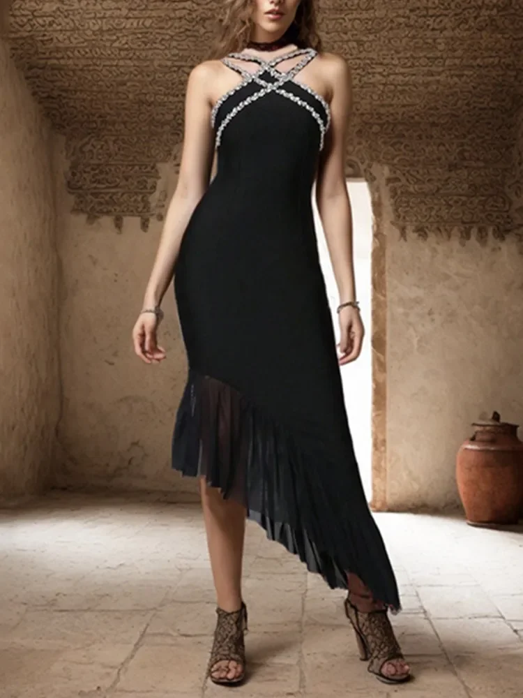 2024 Designer Bandage Dress For Women Evening Party Black Patchwork Diamonds Spaghetti Strap Midi Long Guest Look Abiti Da Sera