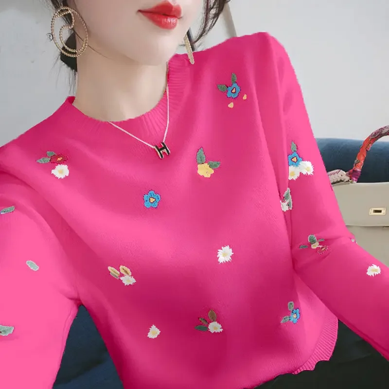 Piccola Margherita Ricamo Ricamato Top Primavera E Autunno Moda Elegante Pullover Girocollo Maglione Top Intimo Maglione Donna