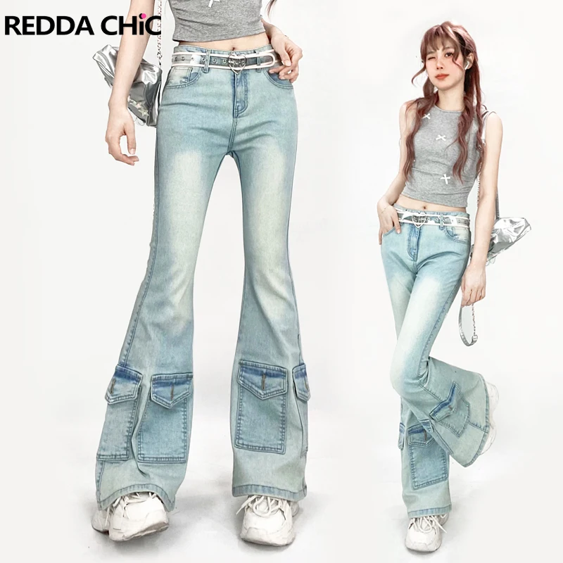 Reddachic Light Wash Tasche Cargo Flare Jeans Donna Patchwork Vintage Stretch Slim Bootcut Pantaloni Y2K Pantaloni Coreano Streetwear