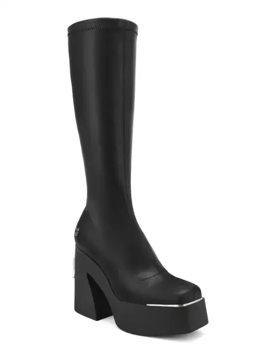 Naked Wolfe Impact Black Square Toe Boot Silver Metal Toe Cap Stretch Pull On Wolfe Head Wedge Platform Stivali Alti Al Ginocchio