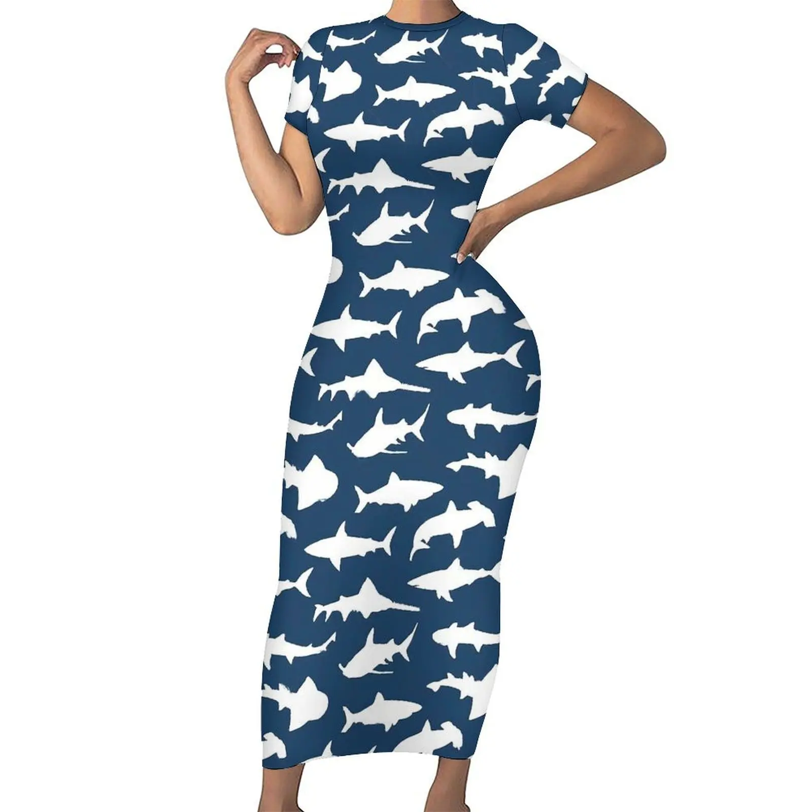 Sharks On Navy Blue Dress Femminile Animal Print Street Wear Vestito Aderente Primavera Manica Corta Sexy Maxi Abiti Abbigliamento Oversize