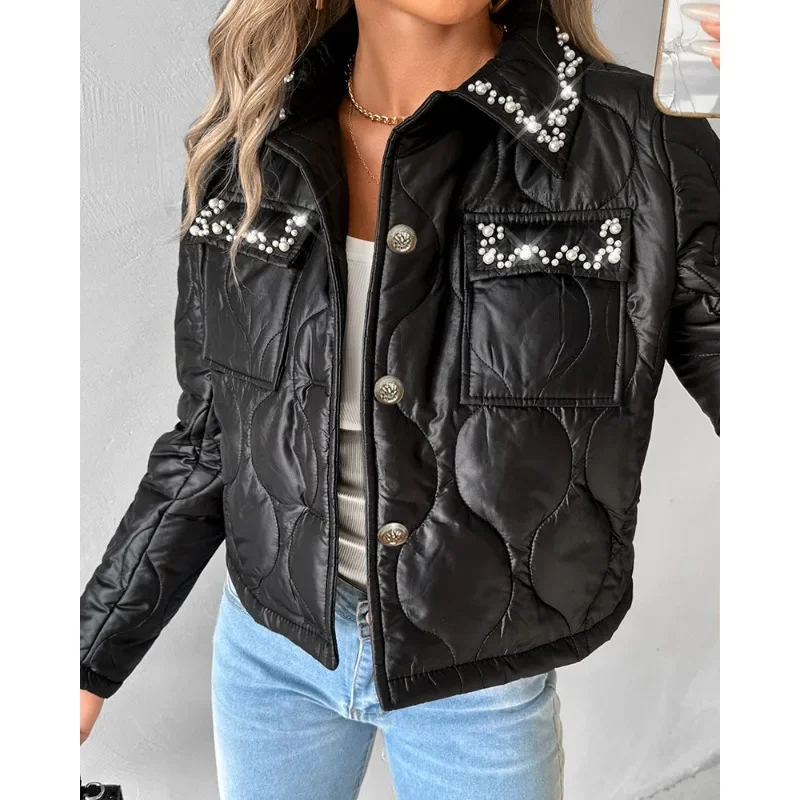 Y2K Chic Donna Elegante Autunno Inverno Manica Lunga Colletto Rovesciato Cappotto Monopetto Capispalla Piumino Trapuntato Con Perline