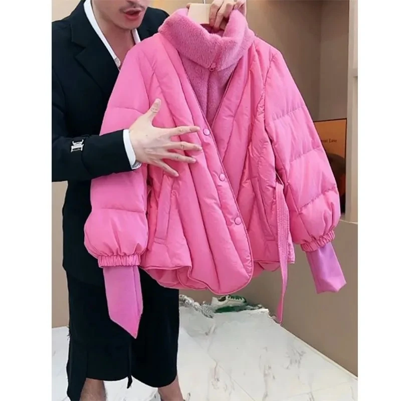 2023 Winter Womens 90% White Duck Down Version Of Chic Jackets Solid Belt Puffer Coat Short Female Warm Manica Lunga Parka