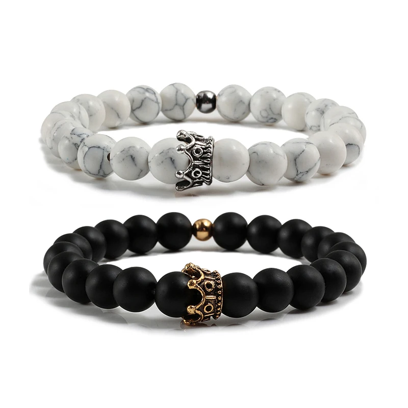 Charm Gioielli In Pietra Naturale Bracciali Con Perline Coppia Bracciale Con Corona Nera Da Uomo Con Perline Di Rame Braccialetto Da Donna Pulsera Dor