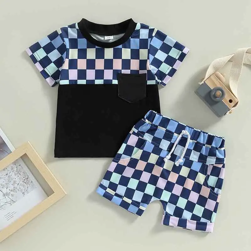 Toddler Baby Boy Summer Outfits Checkerboard Print Maglietta A Maniche Corte Pantaloncini Elastici Cute Infant Neonato Clothes