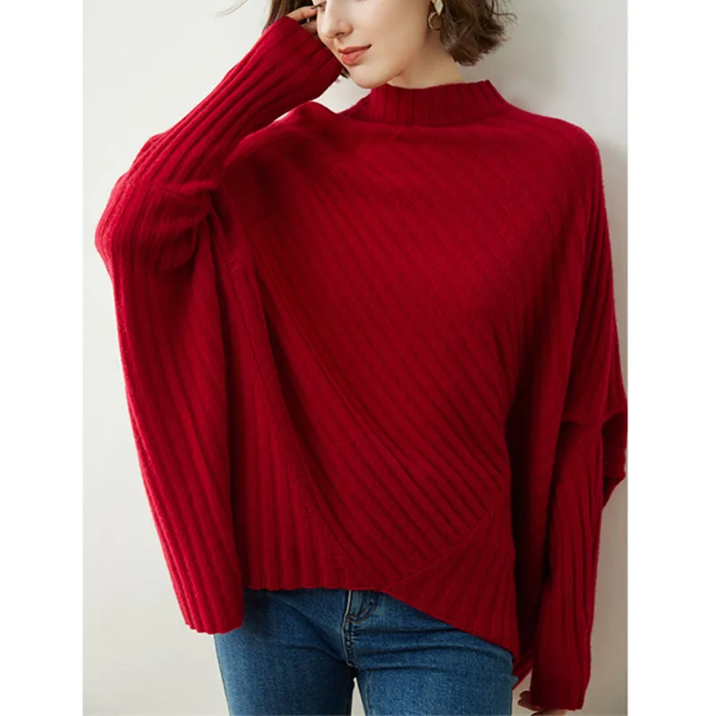 100% Cashmere Maglione Donna Cashmere O-Collo Camicia Tinta Unita Top Manica A Pipistrello Pullover Maglione Di Grandi Dimensioni Vestiti Estetici