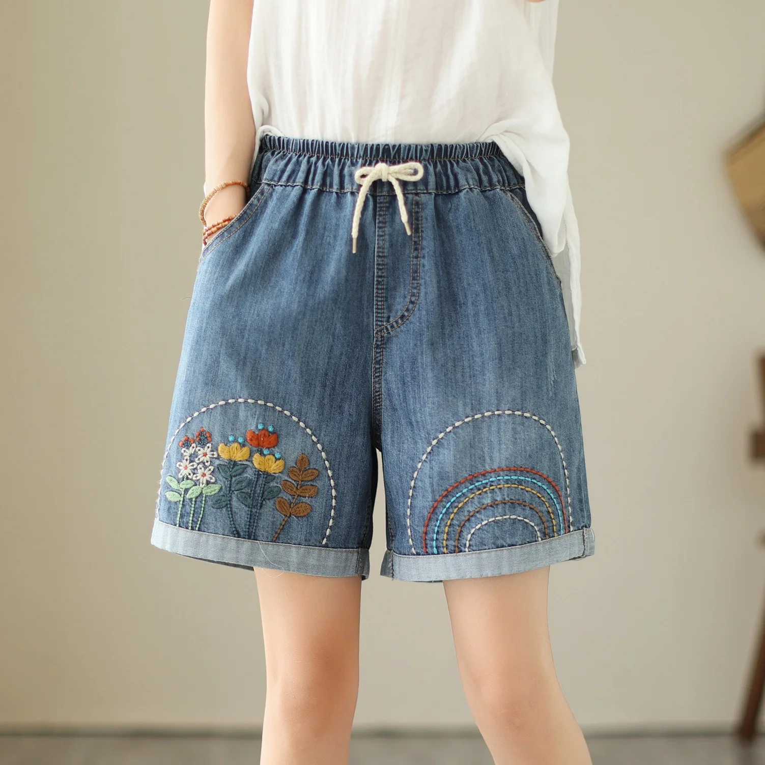 Aricaca Women M-Xl Casual Cute Flower Pantaloni In Denim Ricamato Pantaloncini Casual Vintage Femminili