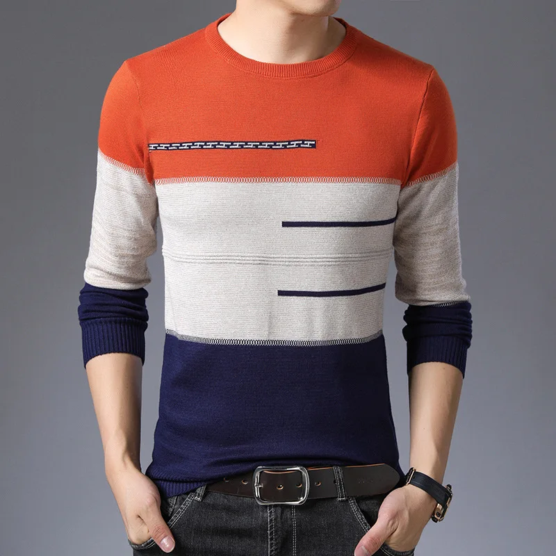 Autunno Inverno Pullover Uomo Girocollo Maglioni Di Cotone A Righe Slim Fit Pull Homme Maglieria 2024