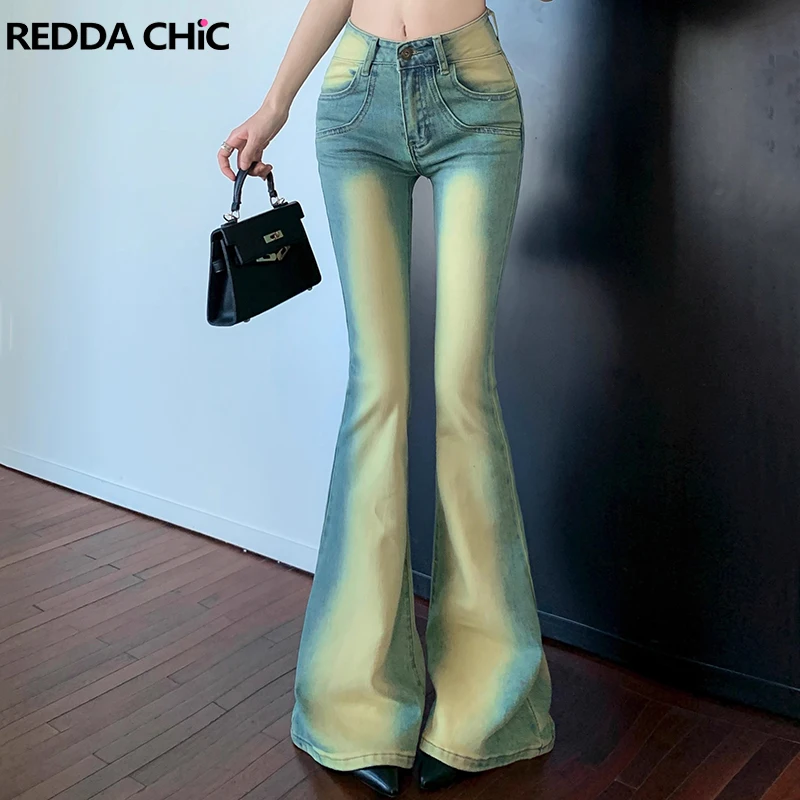 Reddachic Donna Ombre Y2K Flare Jeans Vintage Green Wash Skinny Pantaloni A Vita Alta Stretch Denim Bootcut Pantaloni Abbigliamento Vintage