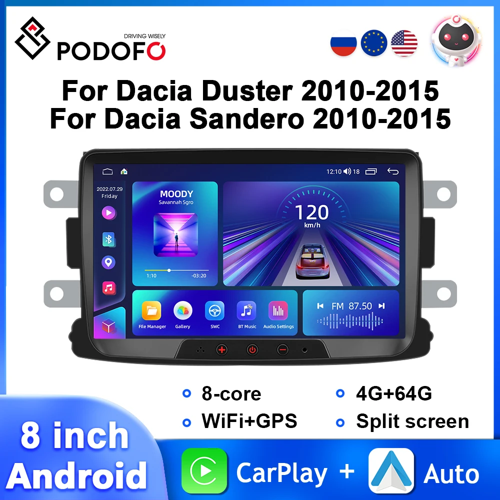Podofo Android 8 ''Autoradio Per Renault Dacia Duster Dacia Sandero Multimedia Player 8Core Carplay Android Auto Wifi Car Stereo