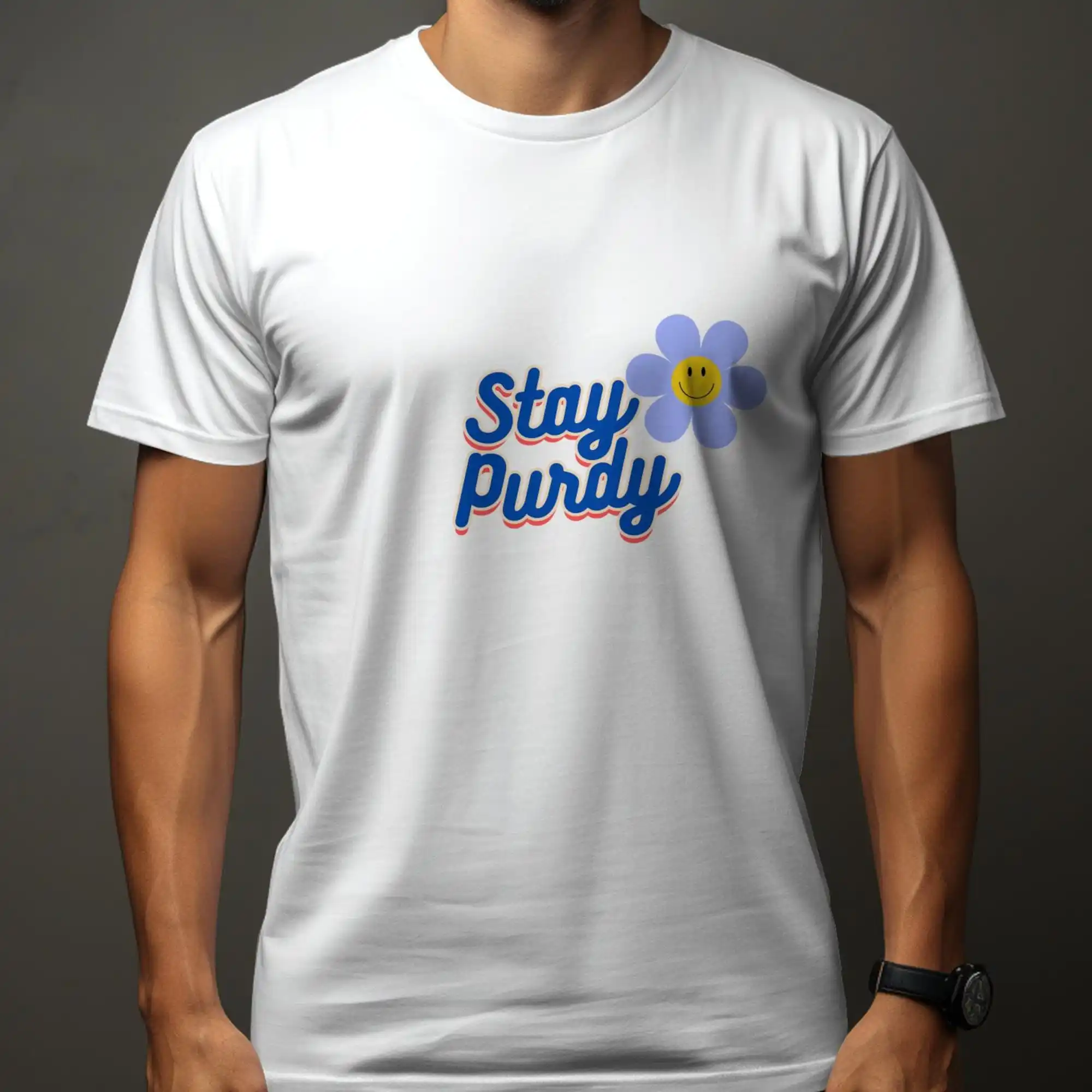 Stay Purdy Smile Flower T Shirt Happy Vibes Casual Summer Top Blue Floral Cute Positivo Message Apparel
