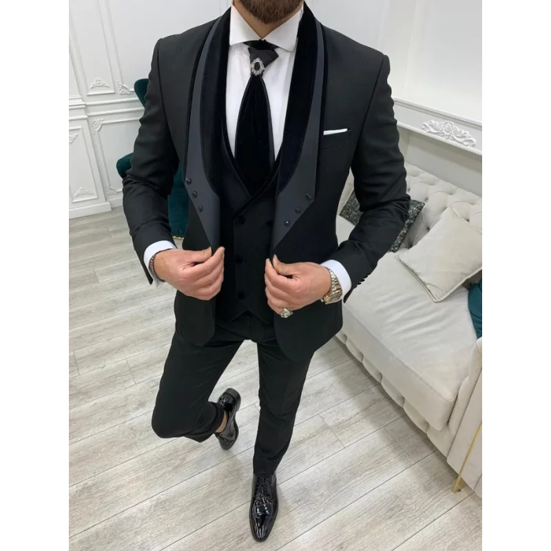 Moda Uomo Nero Abiti Slim Fit Un Bottone Matrimonio Sposo Festa Indossare 3 Pezzi Cappotto Gilet Pantalone Scialle Di Velluto Bavero Smoking Da Sposa