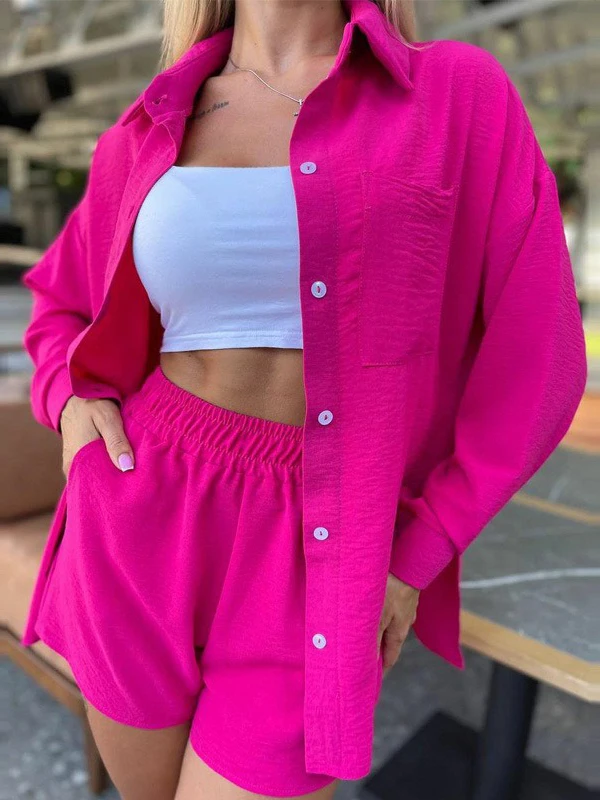 Abito Da Donna Elegante Con Pantaloncini 2024 Camicie Abbottonate A Maniche Lunghe Estive Tute Verdi In Due Pezzi Per Abiti Larghi Da Donna