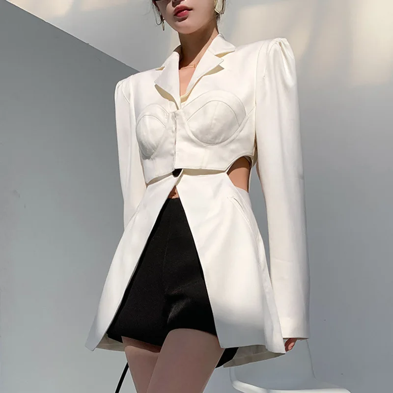 Doris Fanny Blazer Casual Bianco Per Donna Blazer A Maniche Lunghe Dentellato Scava Fuori Blazer Dritti Coreani Donna 2024 Primavera Moda Nuovo