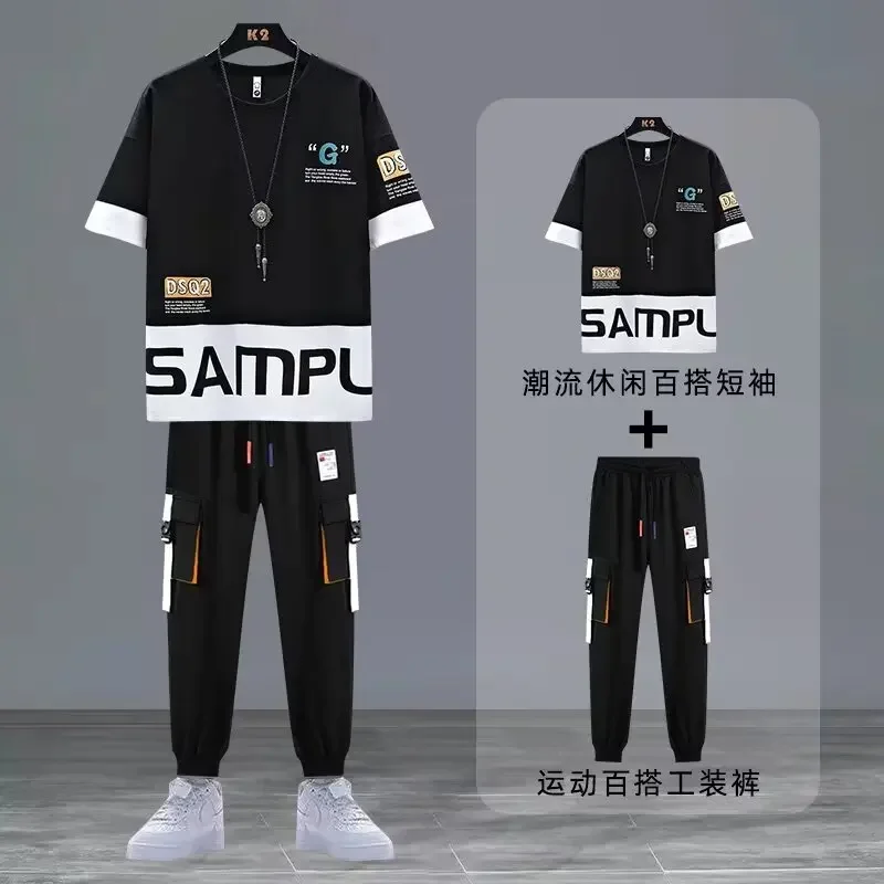 Summer Mens Joggers Tuta Set Coreano Fashion Outfit Suits Trend T-Shirt Multi-Pocket Cargo Pants 2 Pezzi Set Abbigliamento Uomo