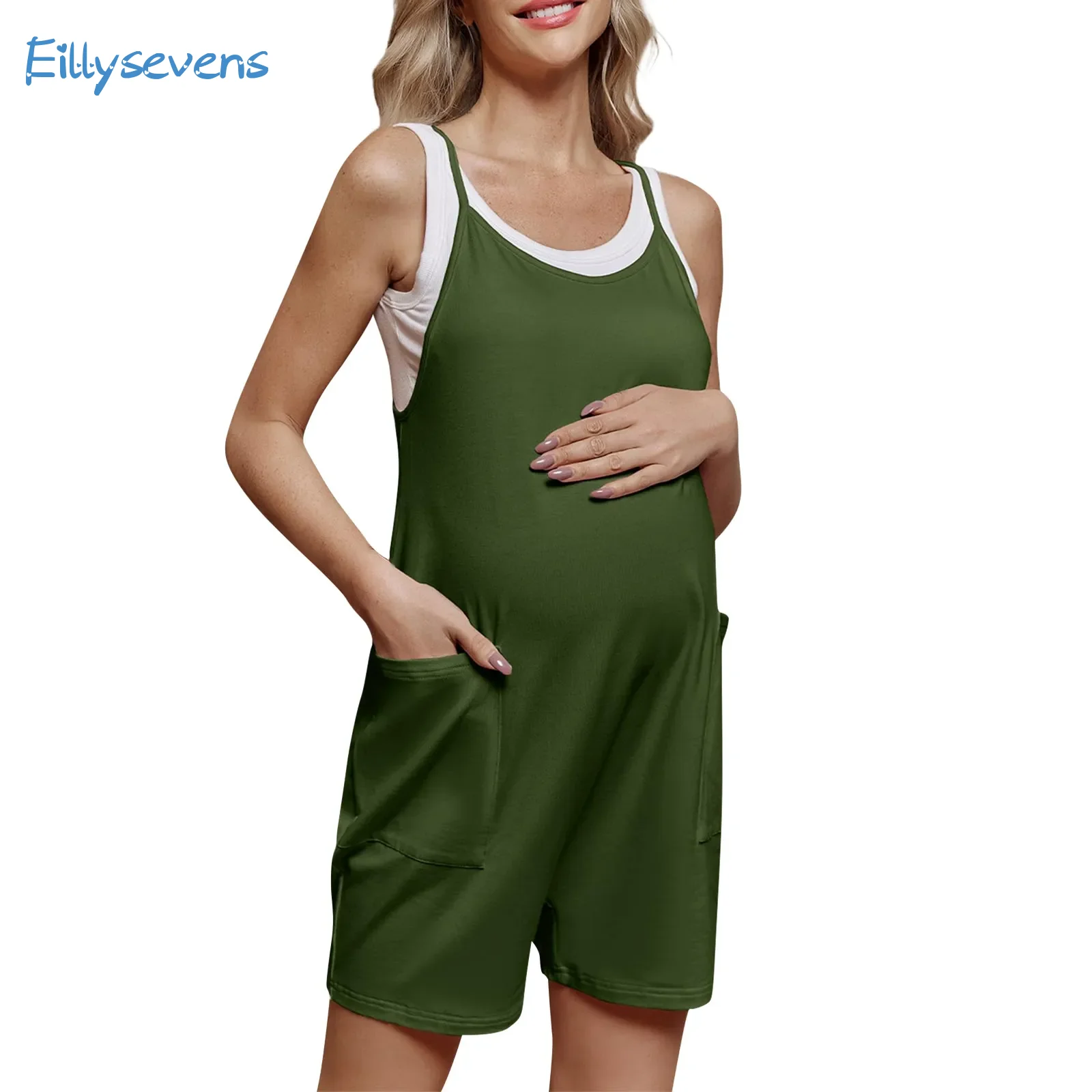 Pantaloncini Premaman Tute Moda Casual Spaghetti Strap Tute Tinta Unita Con Tasche Tute Morbide E Comode Dritte