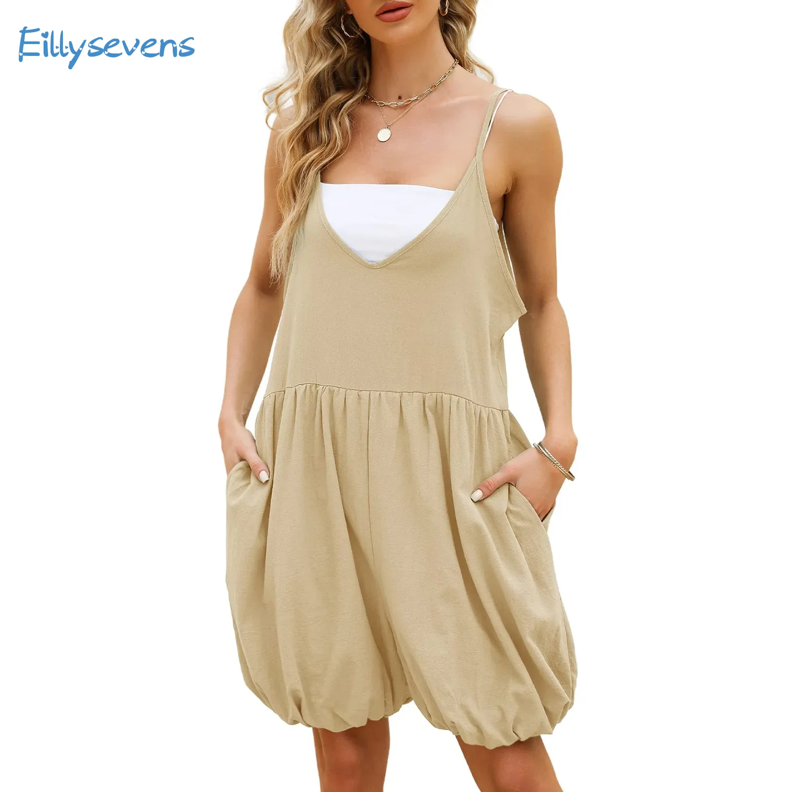 Nuovi Pantaloncini Da Donna Tute Moda Estiva Sciolto Solido Senza Maniche Cinghie Regolabili Pantaloncini Tute Casual Tute Con Scollo A V