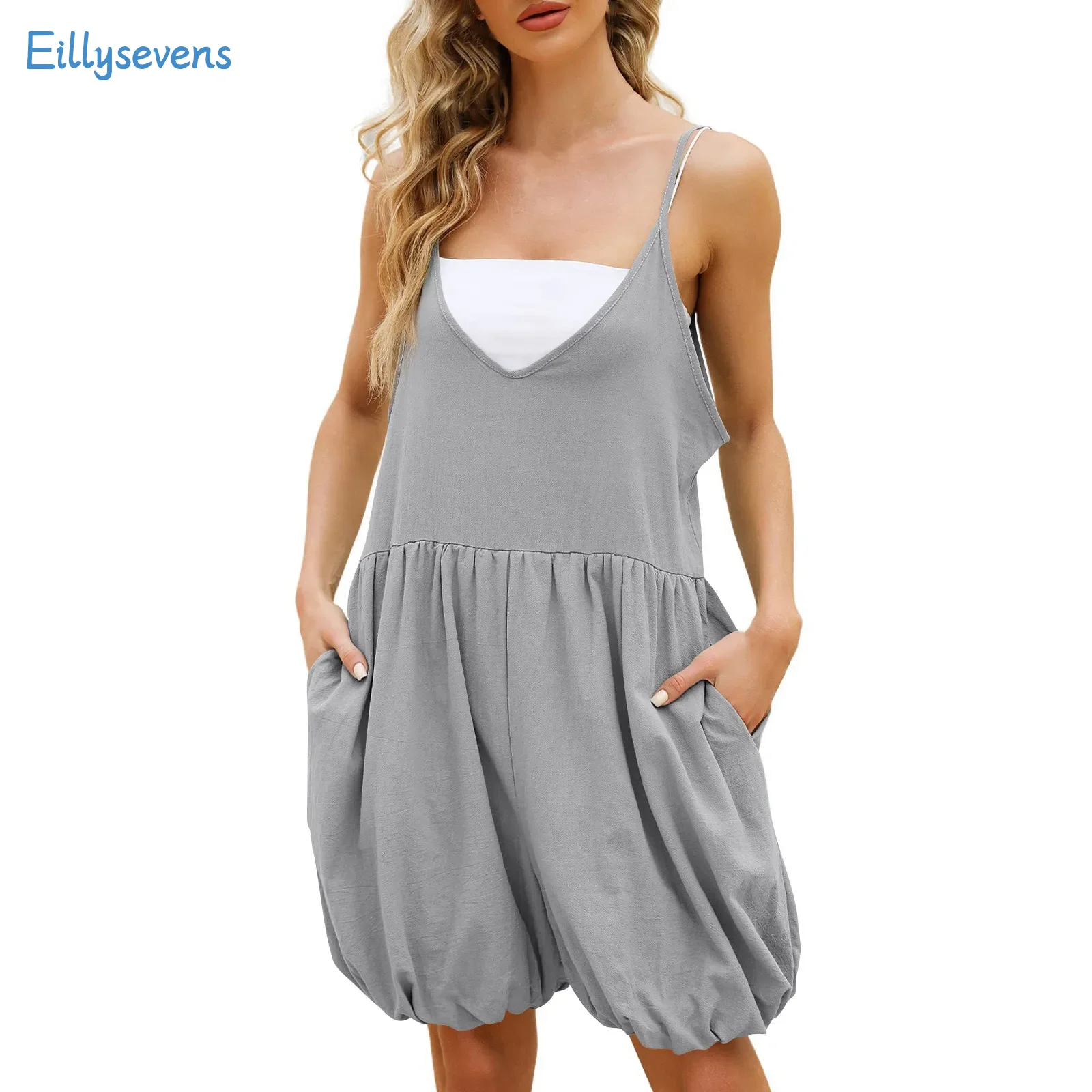Nuovi Pantaloncini Da Donna Tute Moda Estiva Sciolto Solido Senza Maniche Cinghie Regolabili Pantaloncini Tute Casual Tute Con Scollo A V