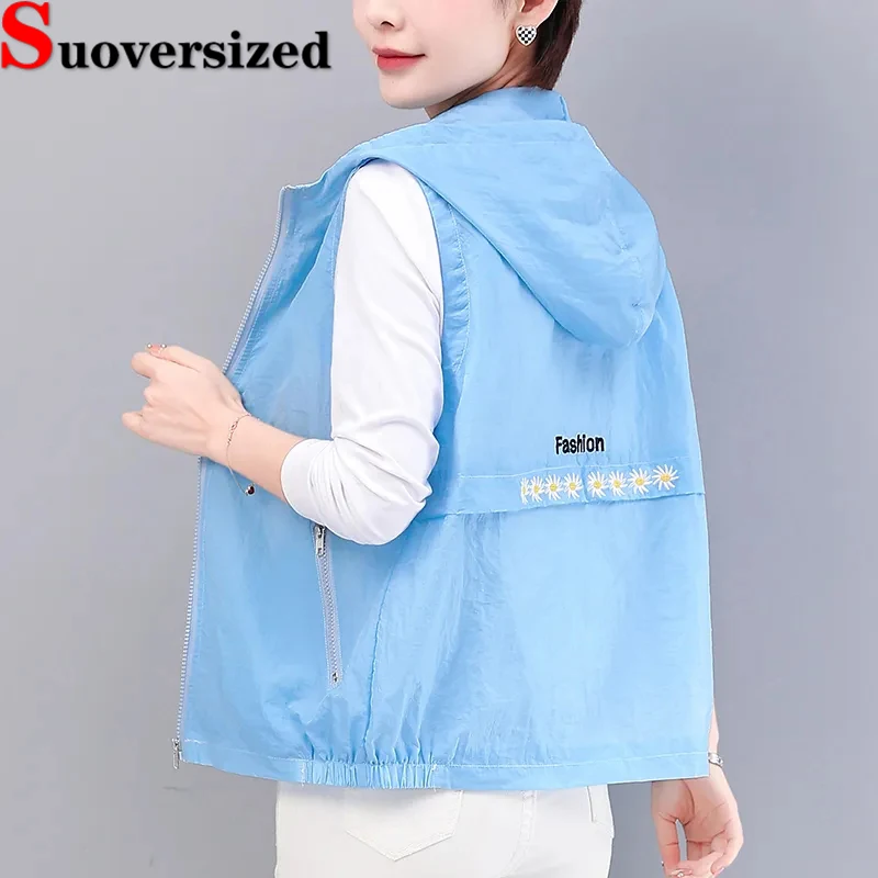 Gilet Leggero Da Donna Casual Giacche Estive Sottili Senza Maniche Con Cerniera Con Cappuccio Nuovi Capispalla 2024 Allentato Corto Chaleco Mujer