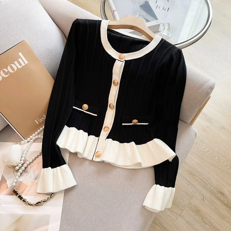 Manica Svasata Volant Cardigan Corti Moda Coreana Vintage Autunno Inverno Donna Maglioni Dolce Slim Ropa De Mujer